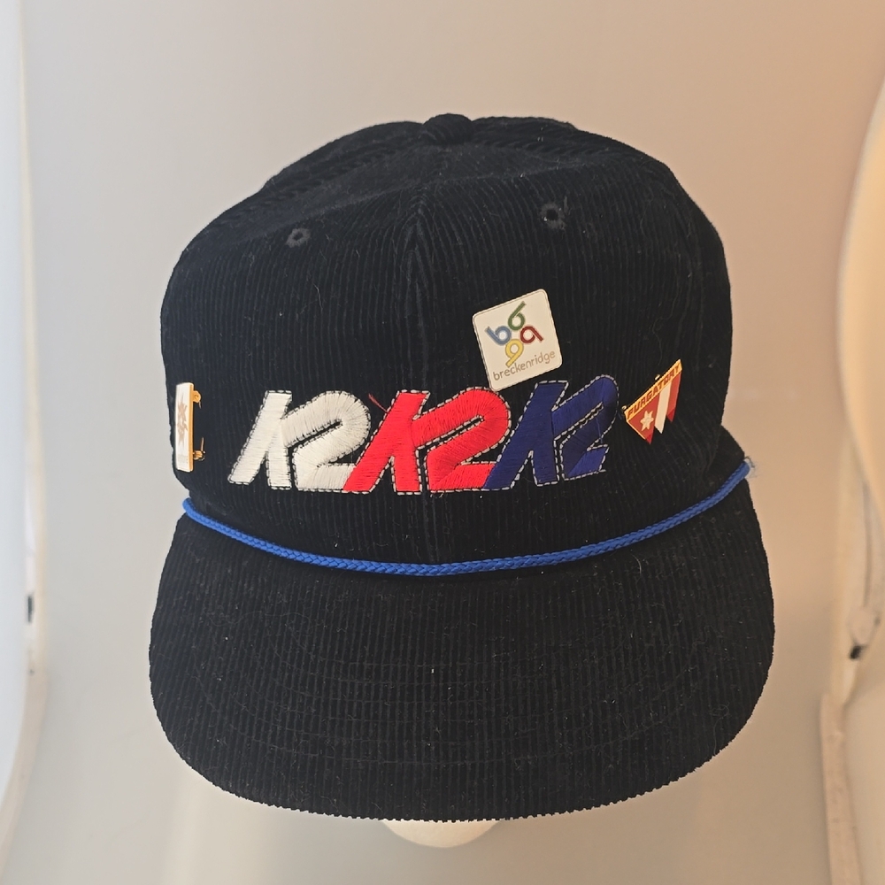 VTG K2 Embroidered Corduroy Snapback Hat in Black with Red & Blue & CO Ski Pins